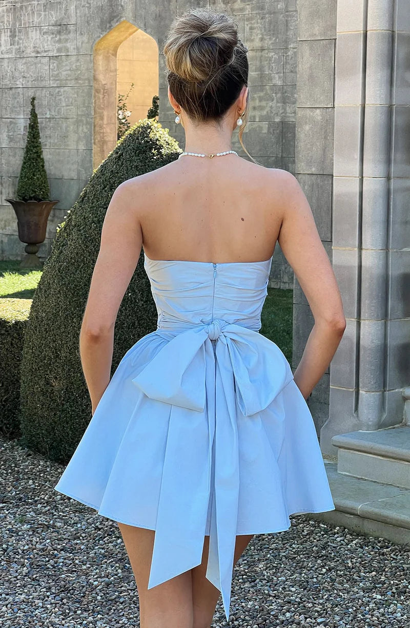 Vestido de noche de algodón con lazo mini sin tirantes y corte A, lindo, para cóctel o regreso a casa.