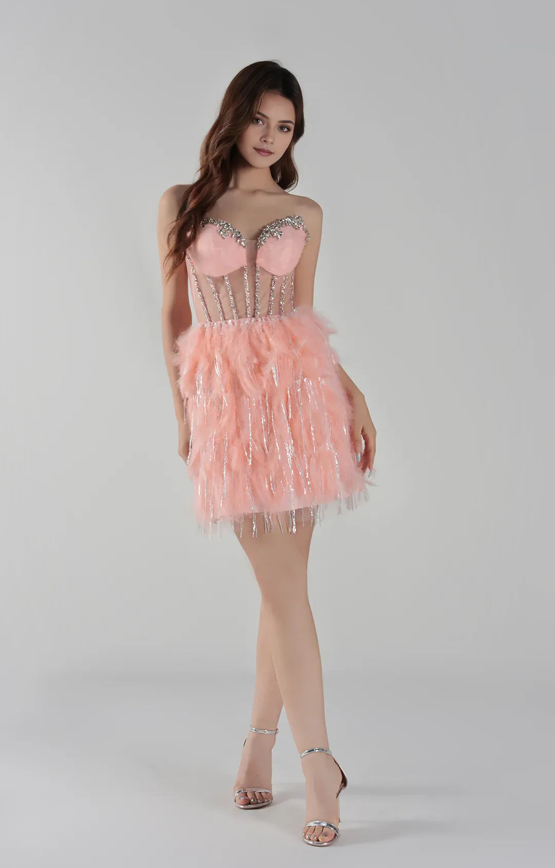 Glamorous Feather Tassel Strapless Short Beaded Corset Homecoming Dress