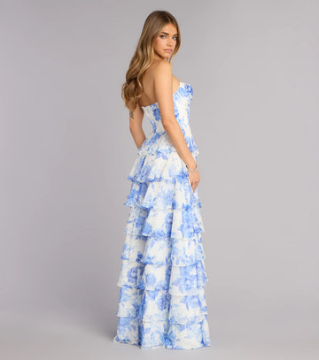 Elegante Vestido Largo de Fiesta Formal sin Tirantes, Línea A, Princesa, Floral de Gasa, en Capas, con Abertura Alta