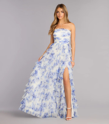 Vestido de Fiesta Largo con Abertura Alta, Línea A, Estilo Princesa, Elegante, Escote Palabra de Honor, con Capas de Tul Floral
