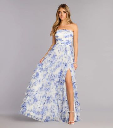 A-line Princess Elegant Strapless Floral Tulle Layered High Slit Maxi Prom Dress