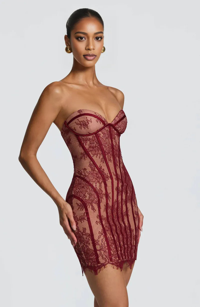 Elegant Bodycon Strapless Sweetheart Lace Mini Bodycon Evening Dress