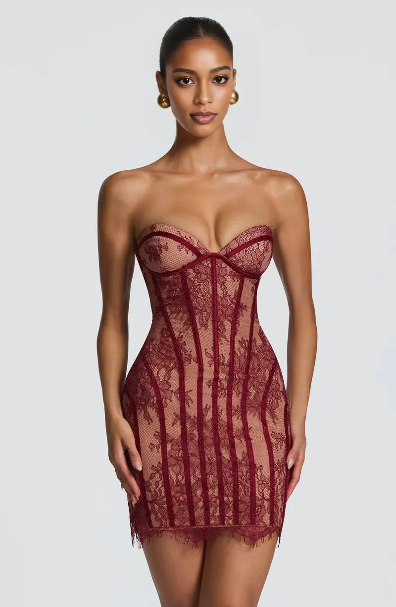 Elegant Bodycon Strapless Sweetheart Lace Mini Bodycon Evening Dress