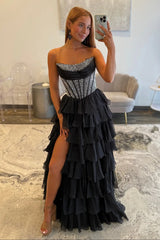 Strapless Mermaid Sequined Bodice Ruffled Prom Dress High Slit Formal Gown