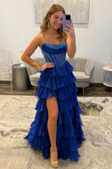Strapless Mermaid Sequined Bodice Ruffled Prom Dress High Slit Formal Gown
