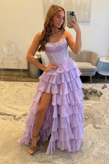 Strapless Mermaid Sequined Bodice Ruffled Prom Dress High Slit Formal Gown