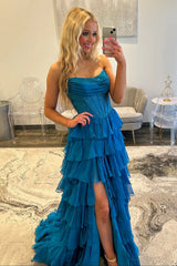 Strapless Mermaid Sequined Bodice Ruffled Prom Dress High Slit Formal Gown