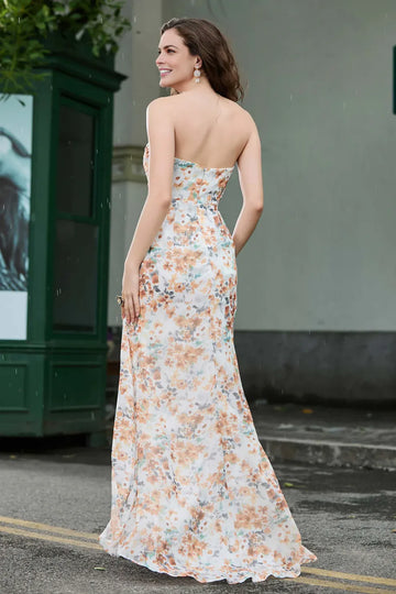Strapless Ruched Floral Chiffon Mermaid Slit Formal Gown