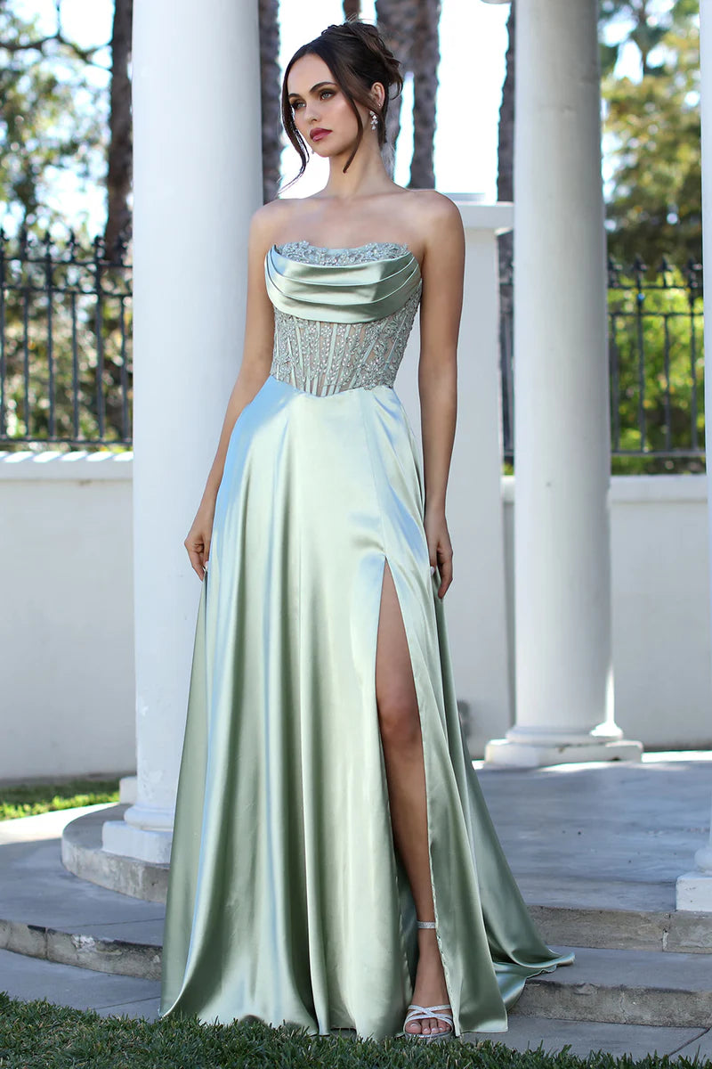 Vestido de gala corsé de raso sin tirantes con encaje, abertura alta, corte en A y bolsillos