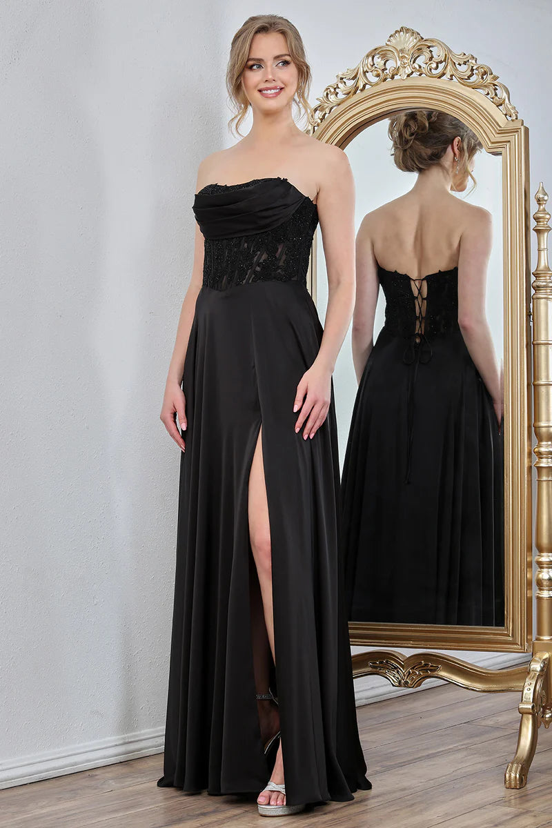 Vestido de gala corsé de raso sin tirantes con encaje, abertura alta, corte en A y bolsillos
