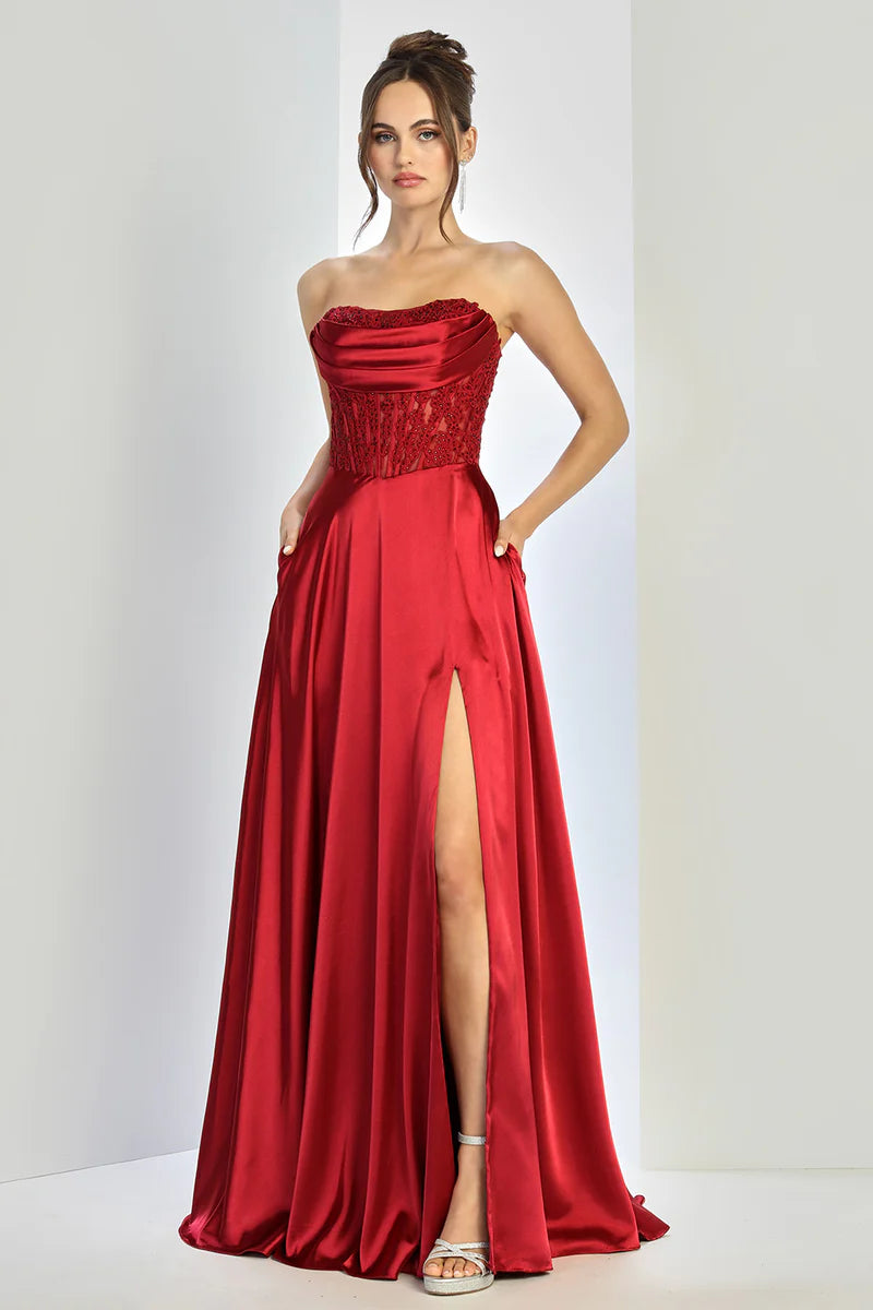 Vestido de gala corsé de raso sin tirantes con encaje, abertura alta, corte en A y bolsillos
