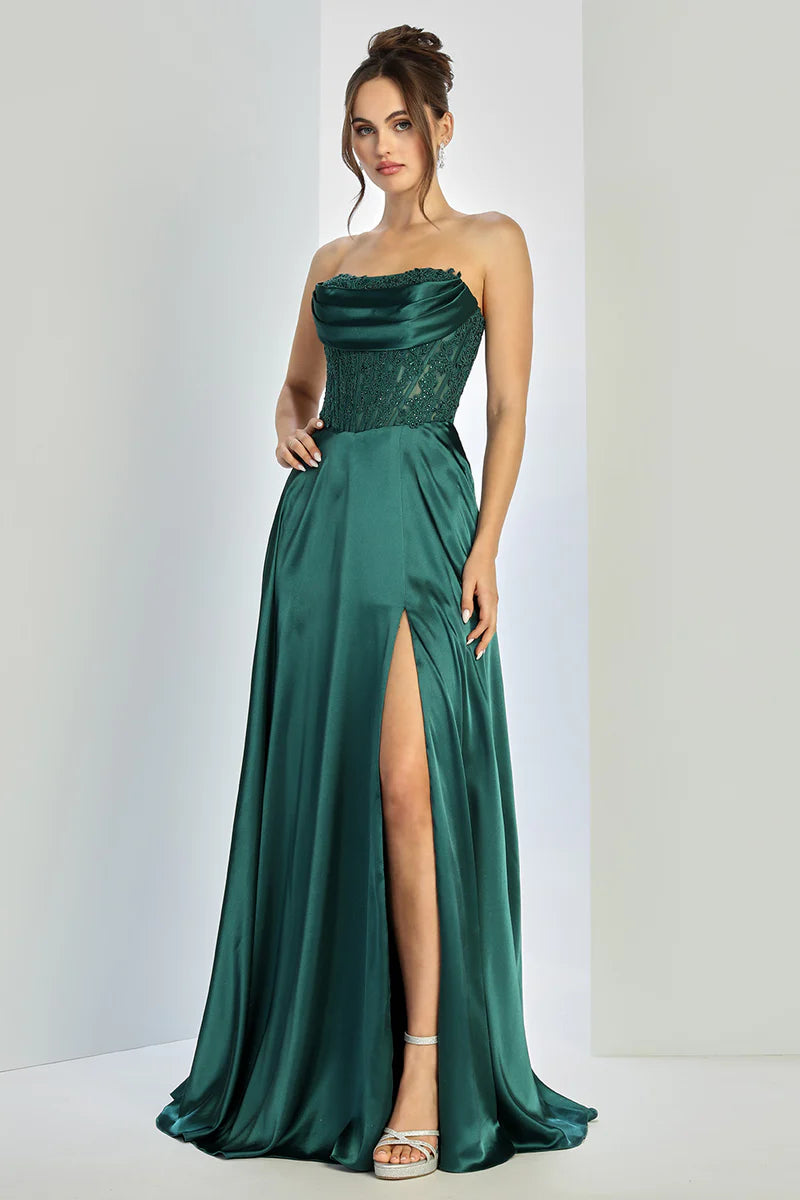 Vestido de gala corsé de raso sin tirantes con encaje, abertura alta, corte en A y bolsillos
