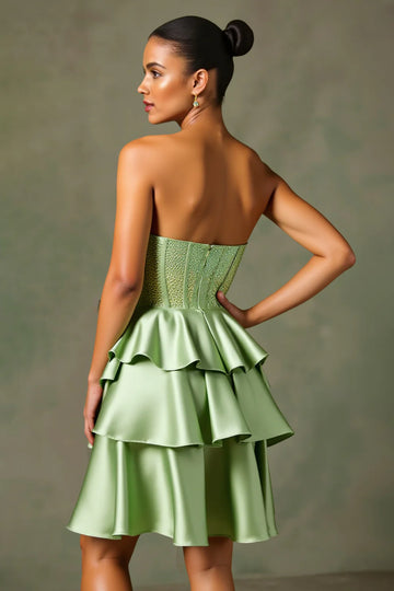 Strapless Satin Short Homecoming Dress with Beaded Corset and Ruffle Skirt