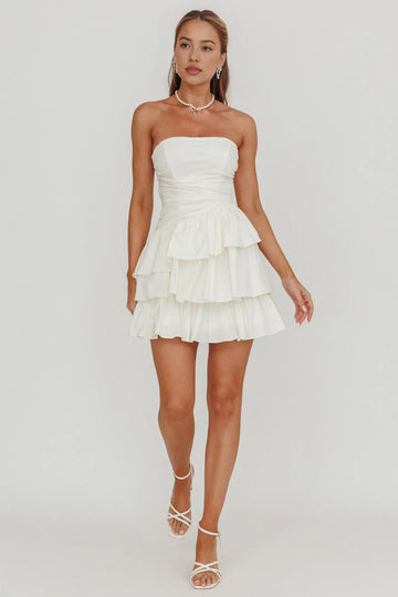 Cute A-line Tiered Strapless Sleeveless Party Dress Mini Homecoming Dress With Ruched Back