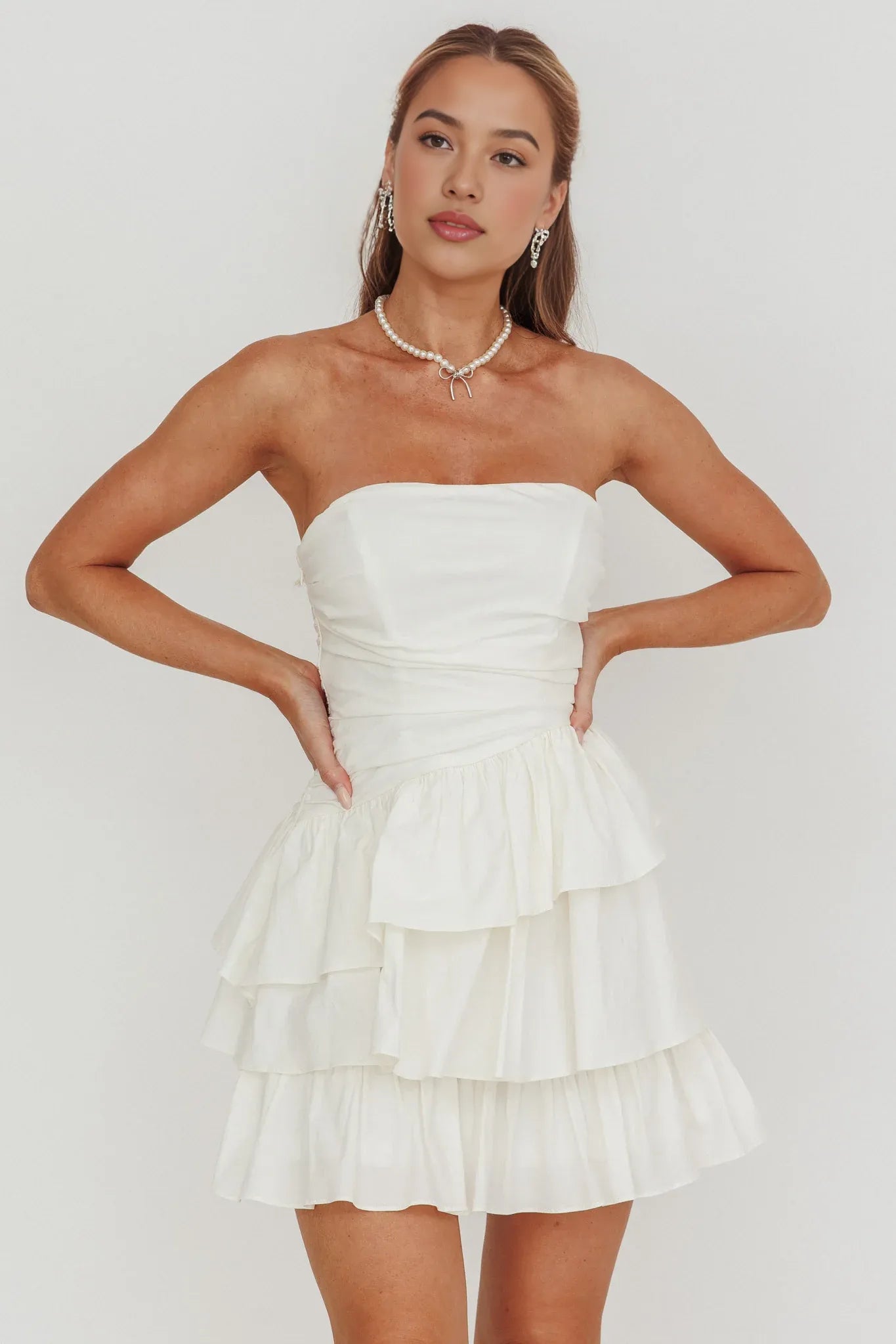Cute A-line Tiered Strapless Sleeveless Party Dress Mini Homecoming Dress With Ruched Back
