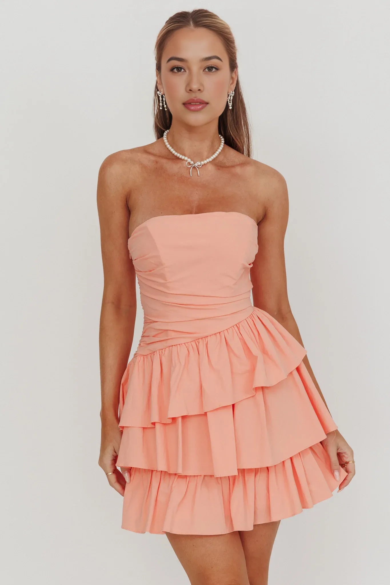 Cute A-line Tiered Strapless Sleeveless Party Dress Mini Homecoming Dress With Ruched Back