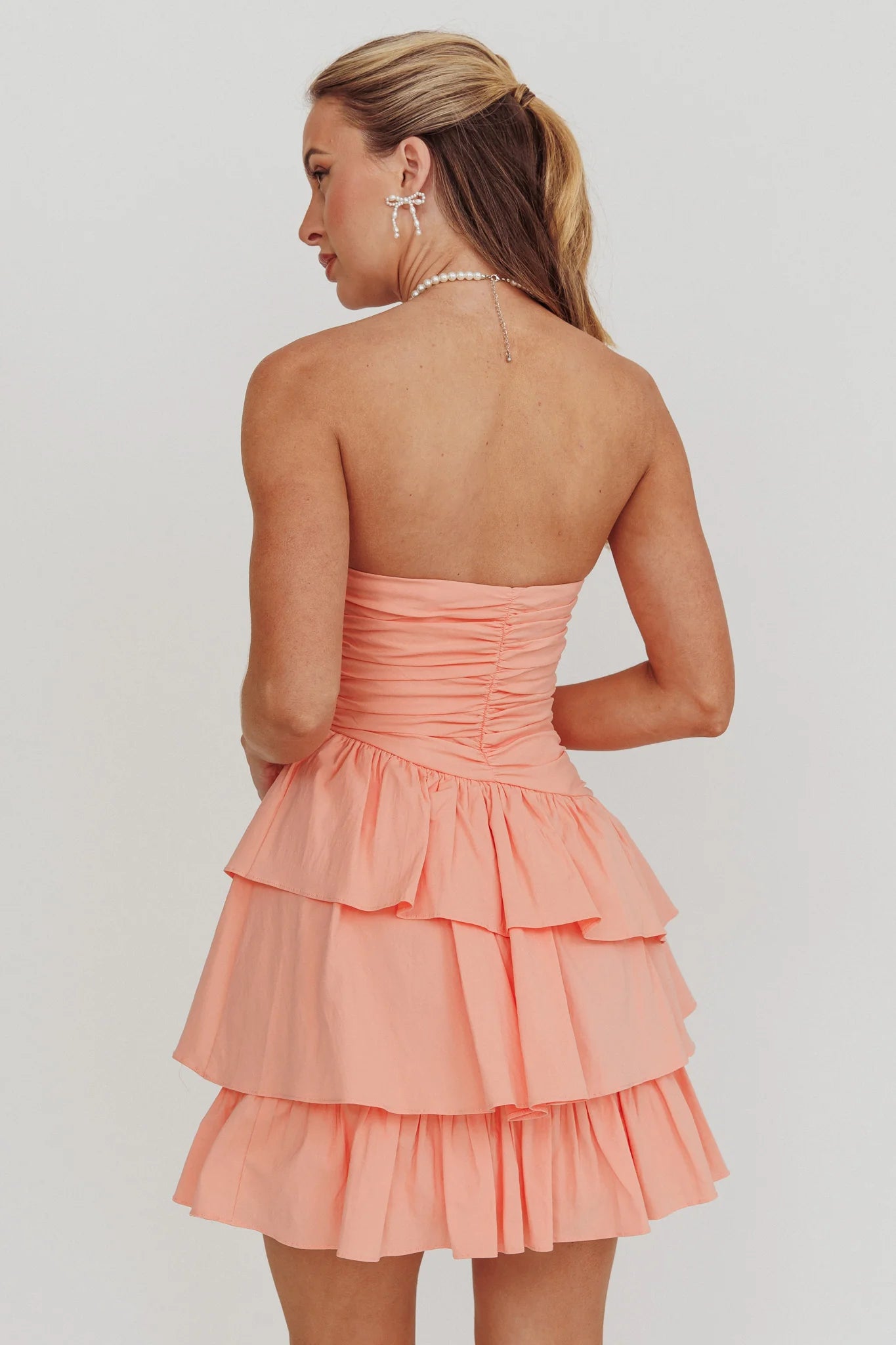 Cute A-line Tiered Strapless Sleeveless Party Dress Mini Homecoming Dress With Ruched Back