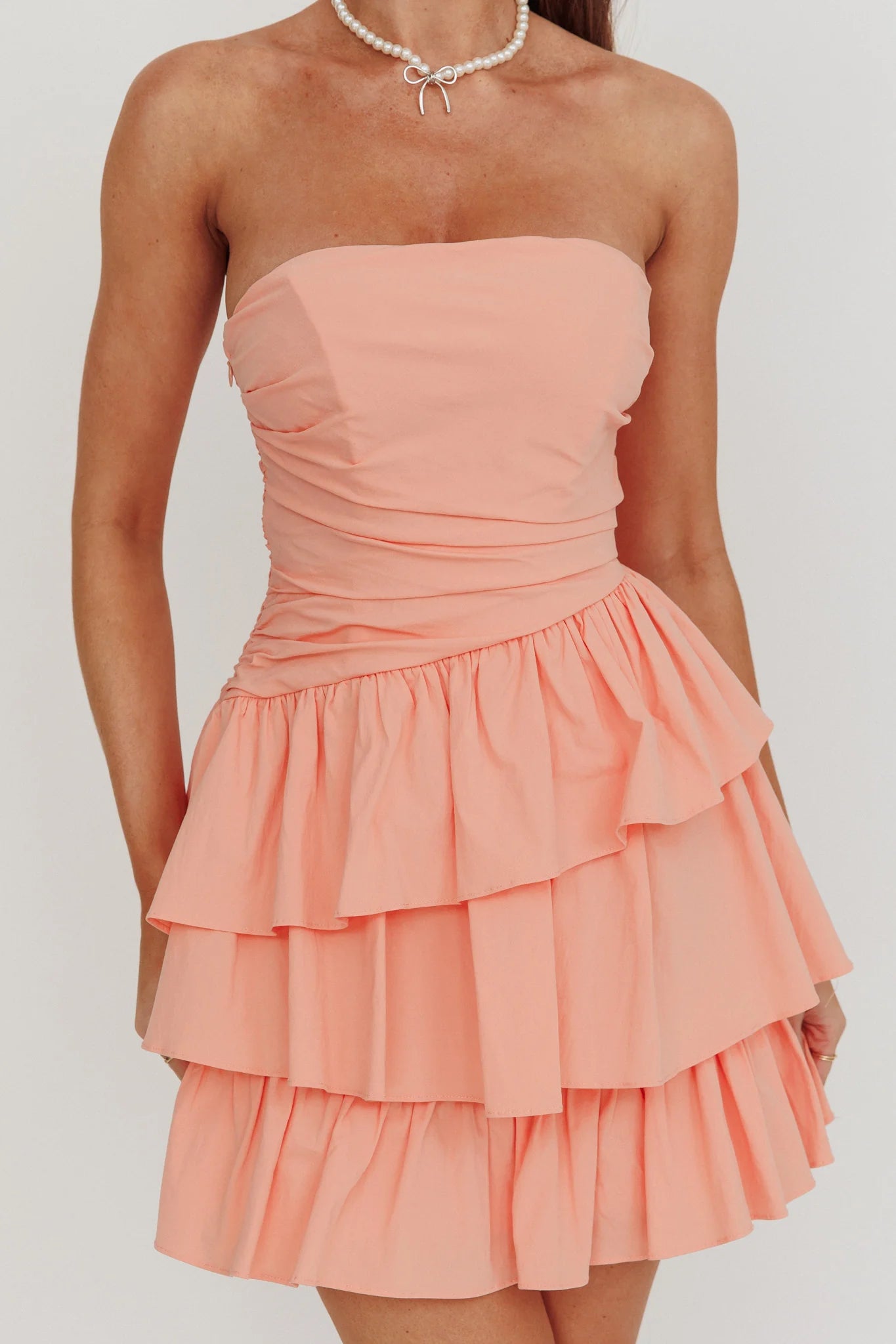 Cute A-line Tiered Strapless Sleeveless Party Dress Mini Homecoming Dress With Ruched Back