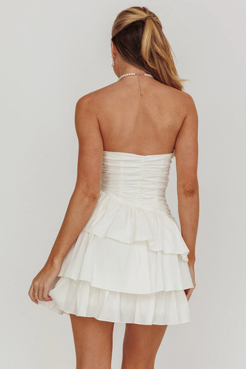 Cute A-line Tiered Strapless Sleeveless Party Dress Mini Homecoming Dress With Ruched Back