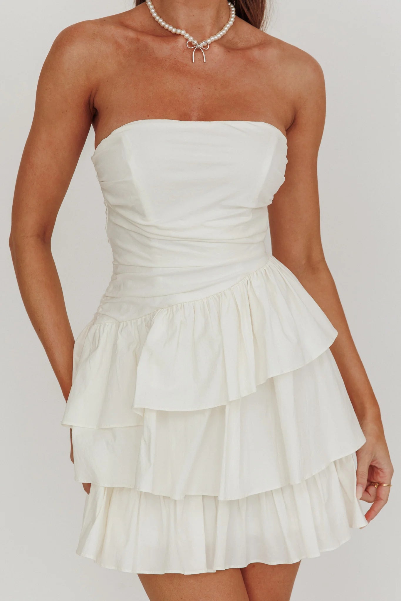 Cute A-line Tiered Strapless Sleeveless Party Dress Mini Homecoming Dress With Ruched Back