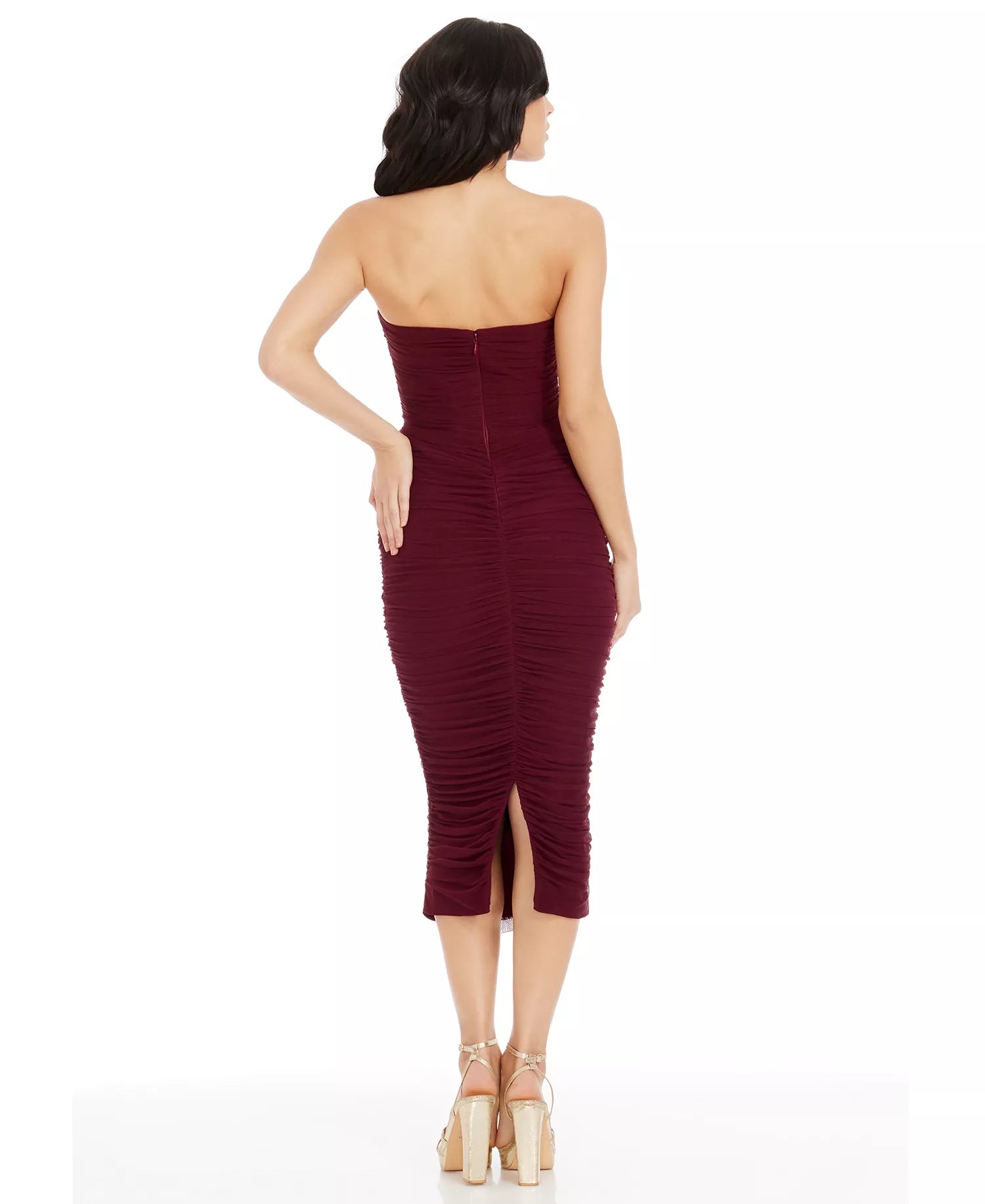 Bodycon Strapless Sweetheart Ruched Mesh Midi Cocktail Dress