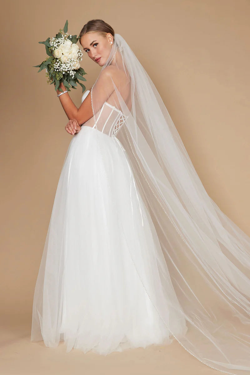 Vestido de gala/novia formal línea A de tul sin tirantes con corsé y espalda con cordones