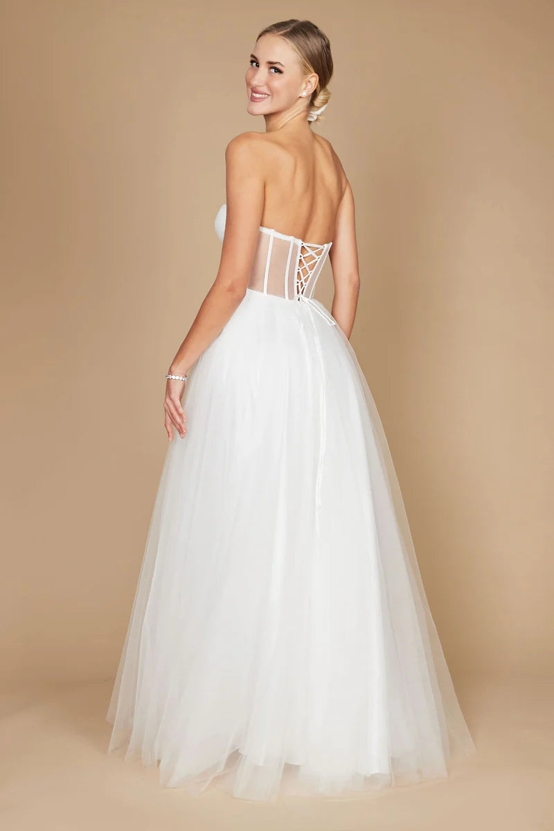 Vestido de gala/novia formal línea A de tul sin tirantes con corsé y espalda con cordones