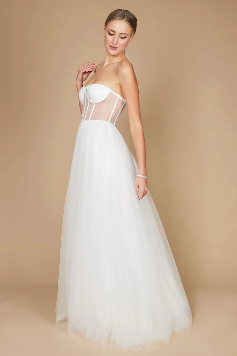 Vestido de gala/novia formal línea A de tul sin tirantes con corsé y espalda con cordones