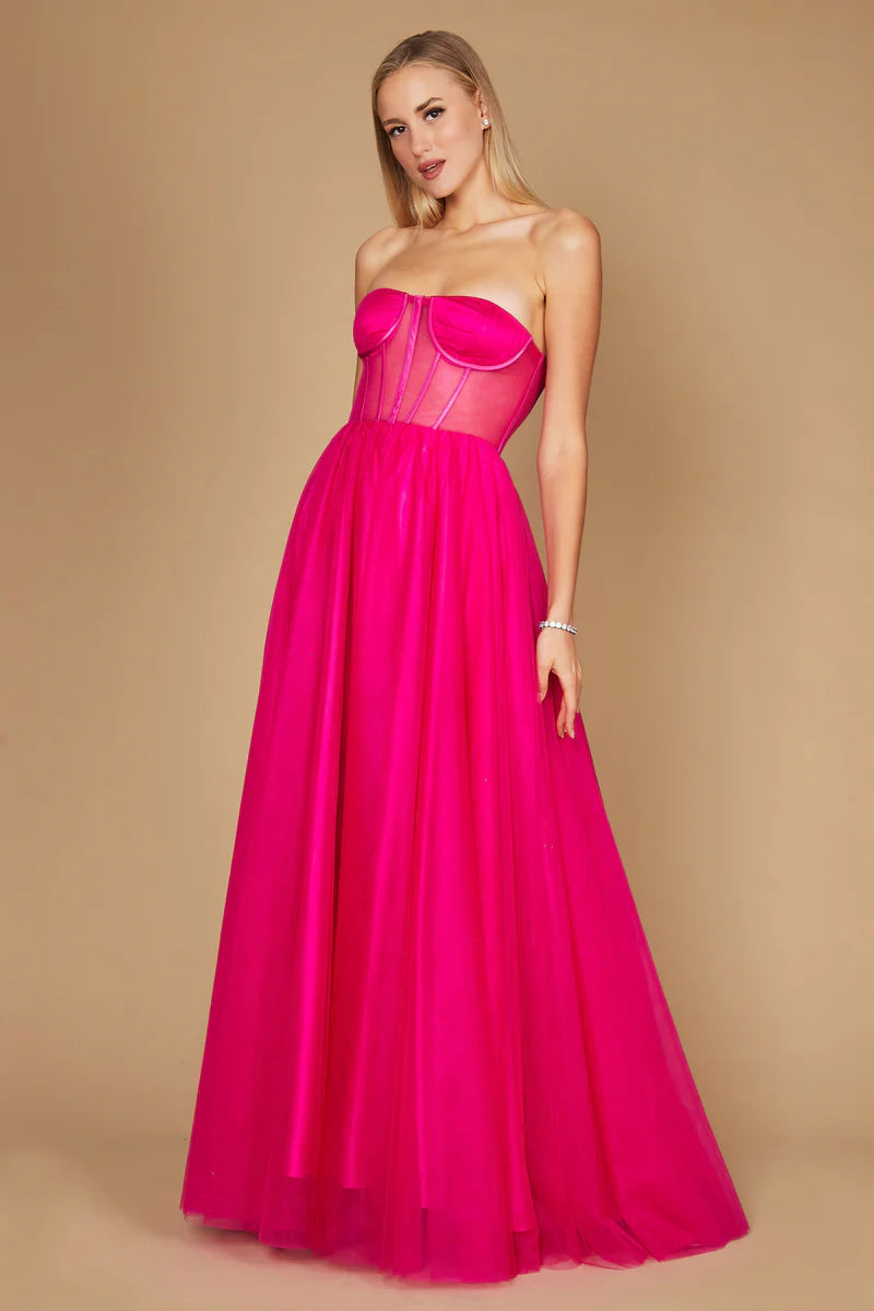 Vestido de gala/novia formal línea A de tul sin tirantes con corsé y espalda con cordones