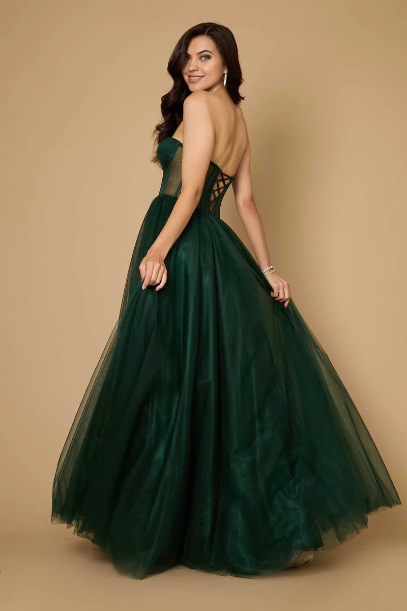 Vestido de gala/novia formal línea A de tul sin tirantes con corsé y espalda con cordones