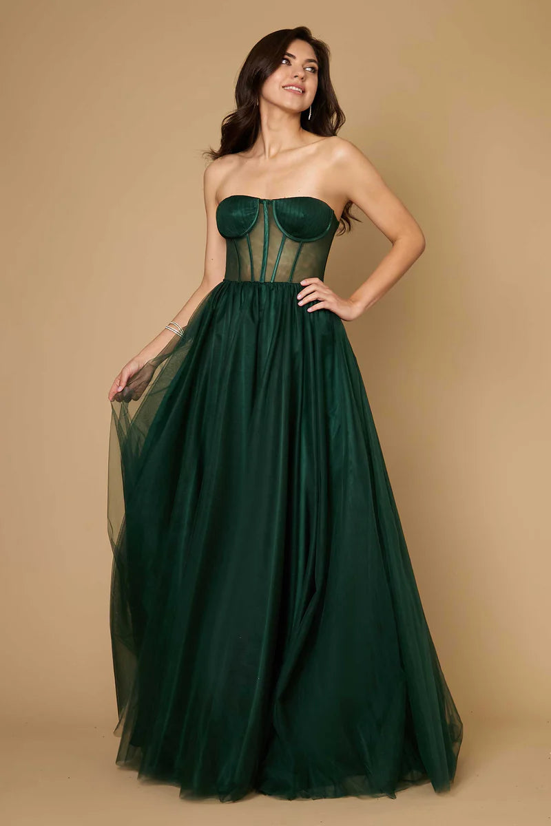 Vestido de gala/novia formal línea A de tul sin tirantes con corsé y espalda con cordones