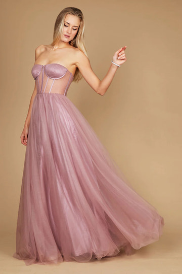 Vestido de gala/novia formal línea A de tul sin tirantes con corsé y espalda con cordones