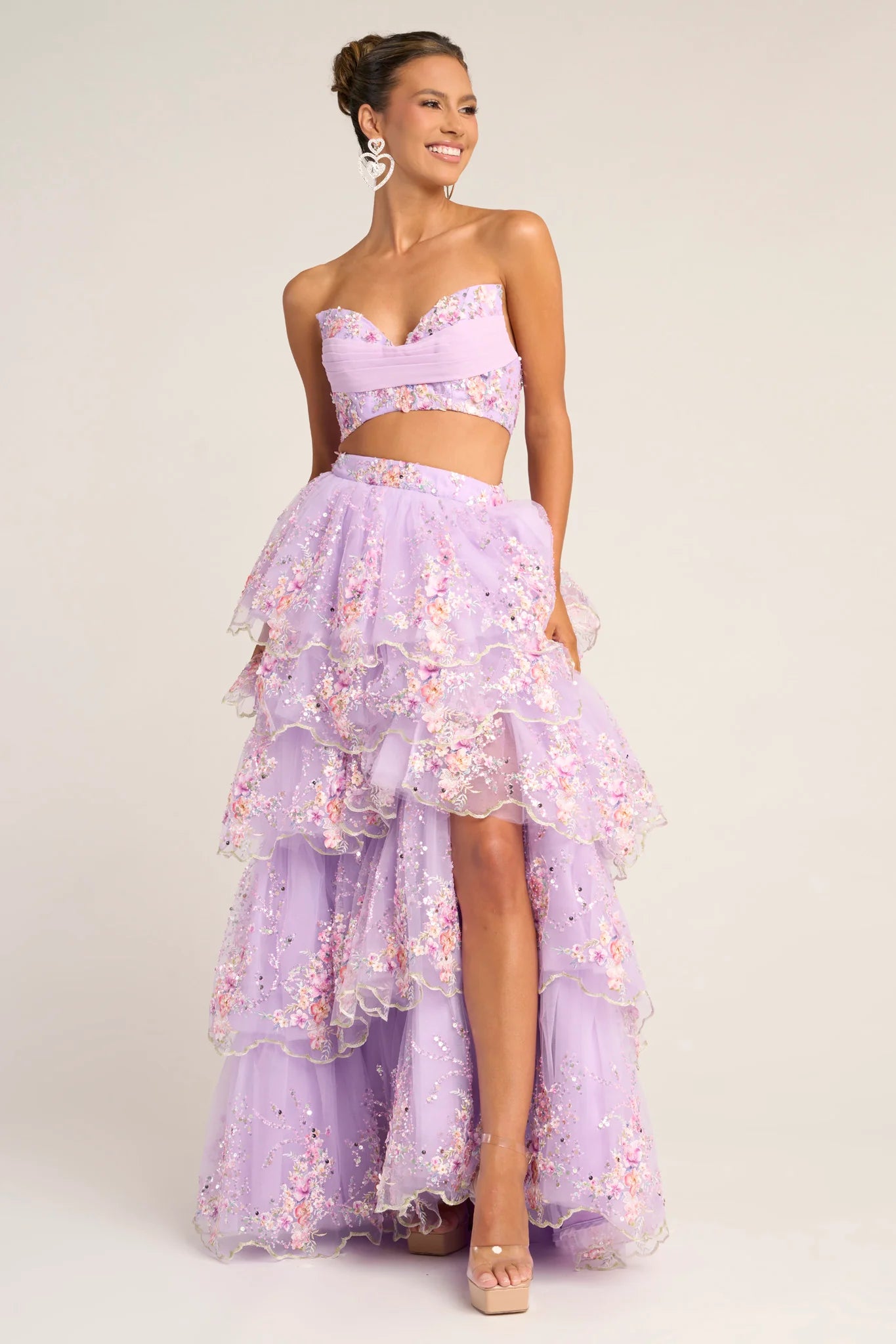 Glamorous Strapless Tulle Floral Embroidered Two-Piece Prom Dress With Slit