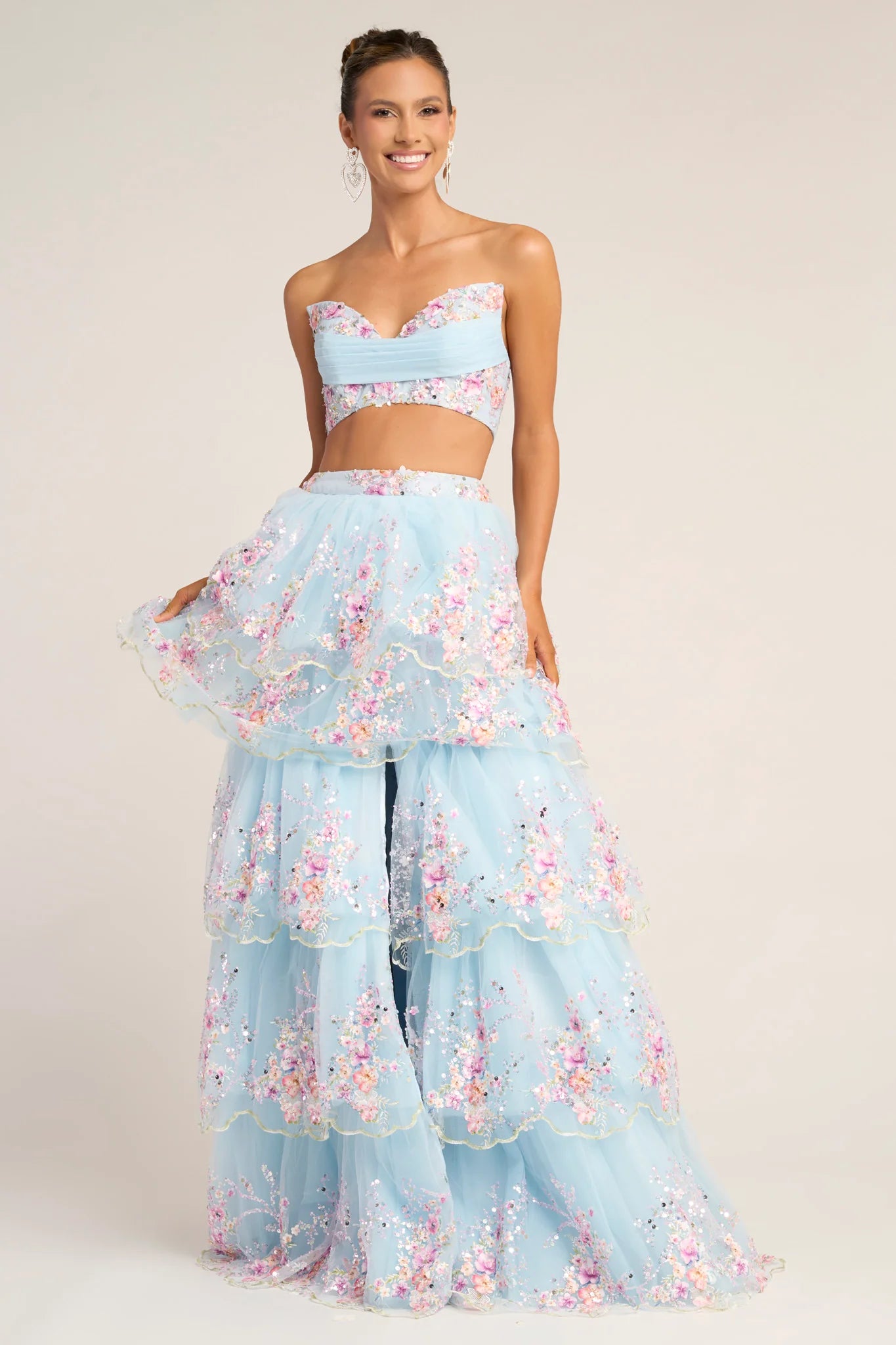 Glamorous Strapless Tulle Floral Embroidered Two-Piece Prom Dress With Slit