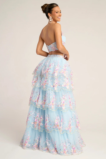 Glamorous Strapless Tulle Floral Embroidered Two-Piece Prom Dress With Slit