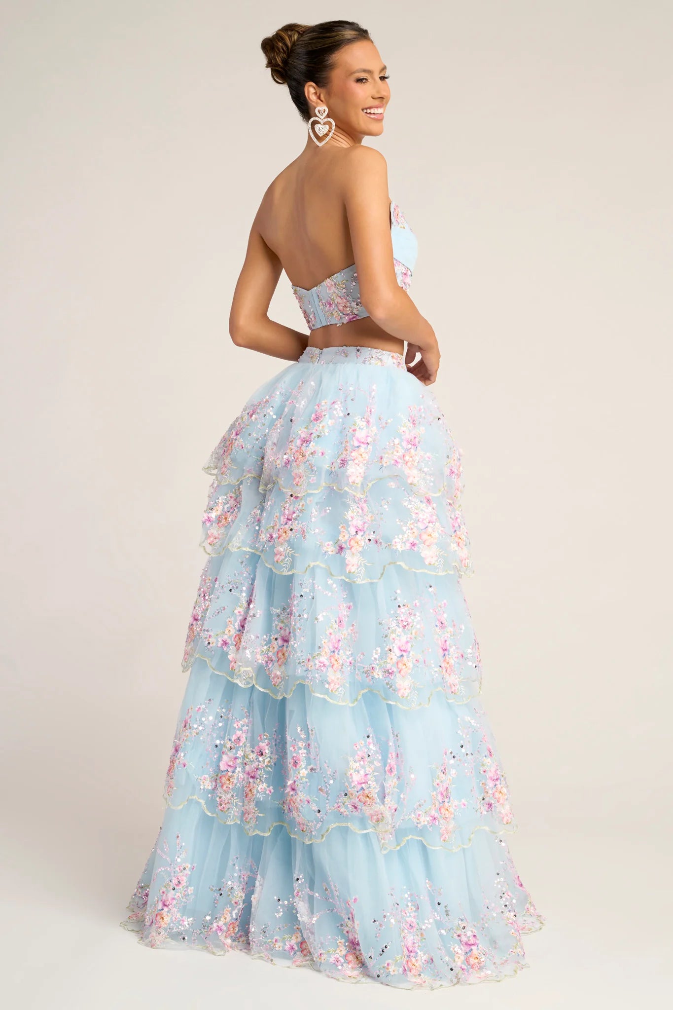 Glamorous Strapless Tulle Floral Embroidered Two-Piece Prom Dress With Slit