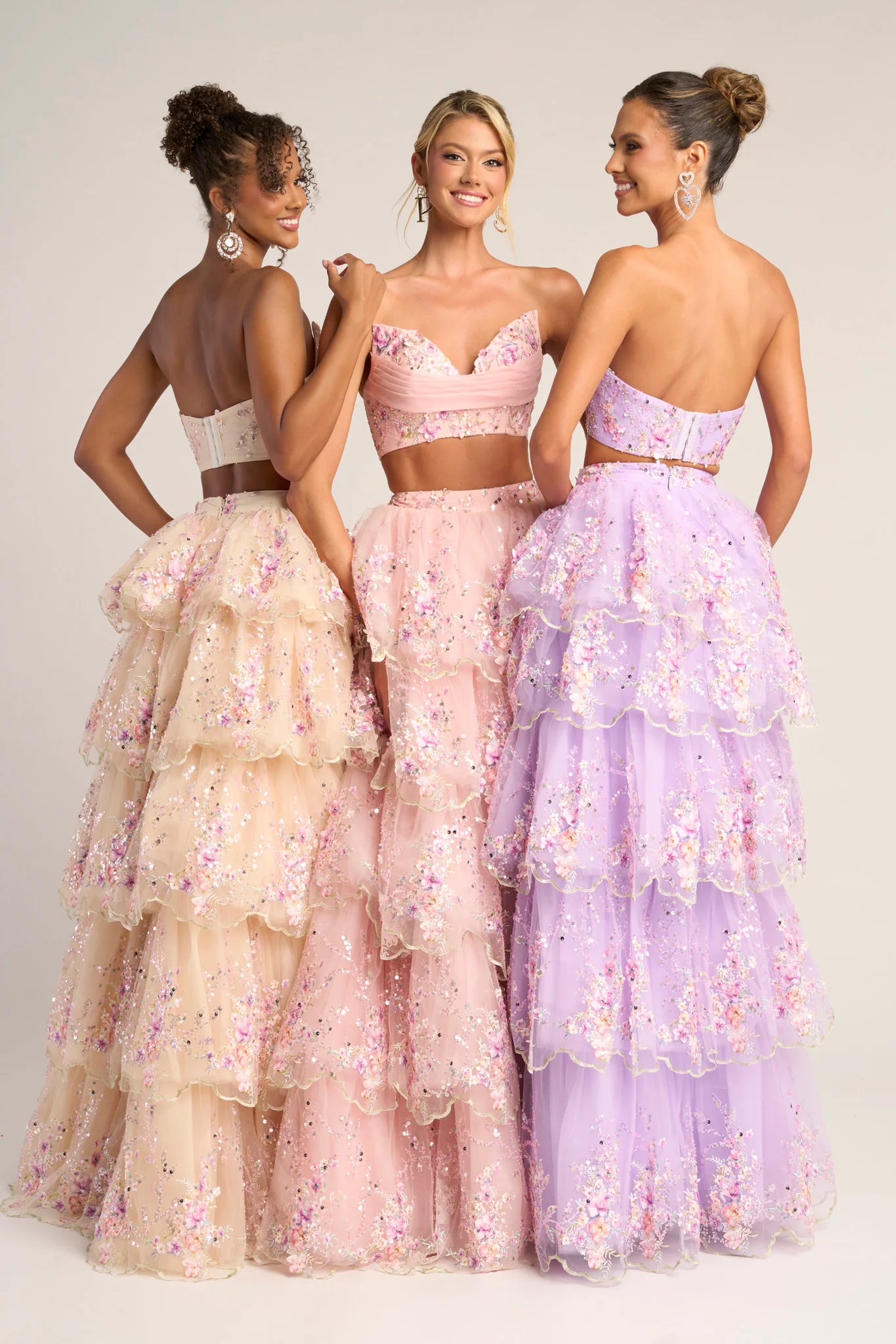 Glamorous Strapless Tulle Floral Embroidered Two-Piece Prom Dress With Slit