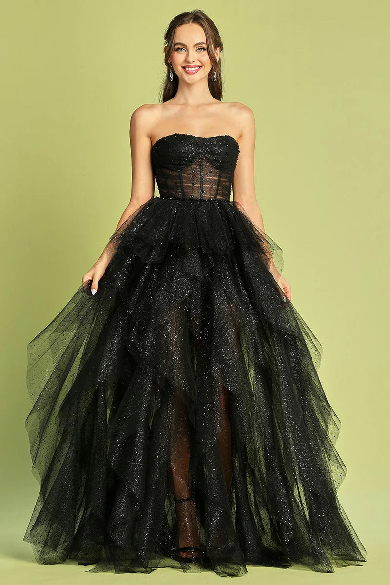 Vestido de gala de fiesta con corsé formal, sin tirantes, de tul brillante y falda escalonada
