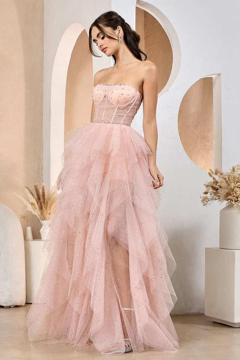 Vestido de gala de fiesta con corsé formal, sin tirantes, de tul brillante y falda escalonada