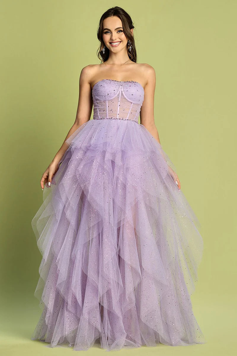 Vestido de gala de fiesta con corsé formal, sin tirantes, de tul brillante y falda escalonada