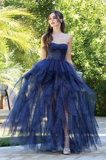 Vestido de gala de fiesta con corsé formal, sin tirantes, de tul brillante y falda escalonada