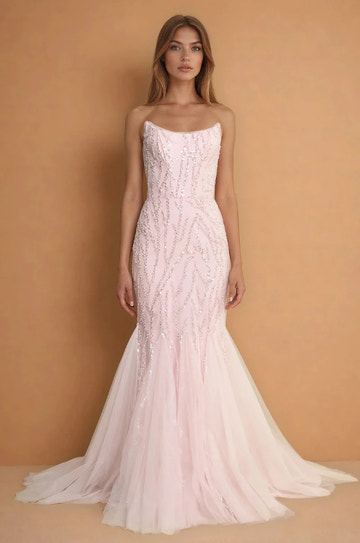 Elegante Vestido Formal de Gala Sirena sin Tirantes de Tul con Lentejuelas y Cuentas