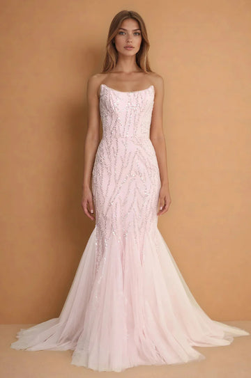 Elegante Vestido Formal de Gala Sirena sin Tirantes de Tul con Lentejuelas y Cuentas