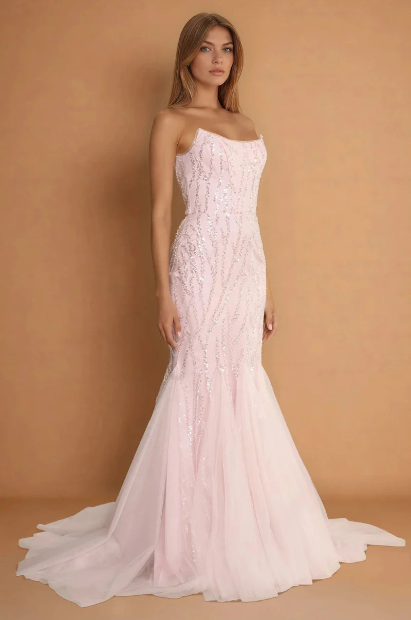 Elegante Vestido Formal de Gala Sirena sin Tirantes de Tul con Lentejuelas y Cuentas