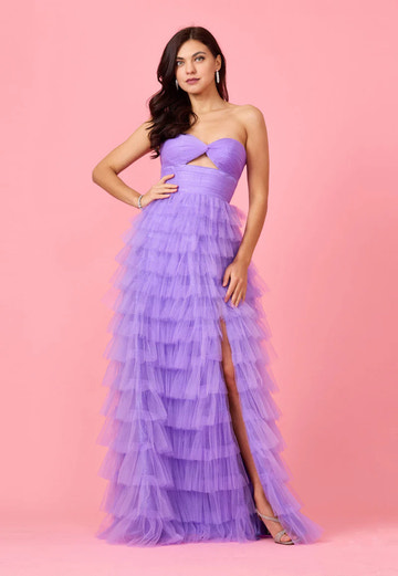 A-line Princess Strapless Glitter Tulle Tiered Cutout High Slit Maxi Gown Prom Dress