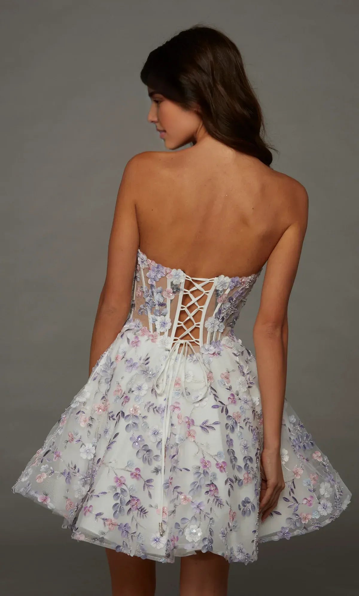Strapless 3D Floral Corset Homecoming Dress Lace Up Mesh Back Tulle Skirt