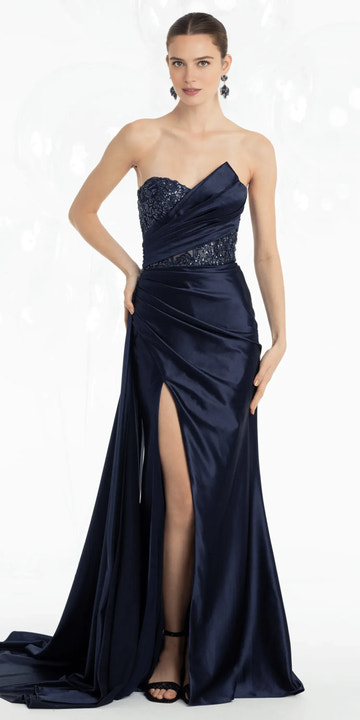 Glamorous Mermaid Gown Strapless Sheer Back Satin Train Formal Evening Dress with Side Drape