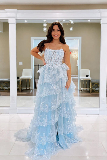 Strapless Floral Lace Applique A-Line Tiered Ruffled Tulle Floor Length Prom Evening Gown