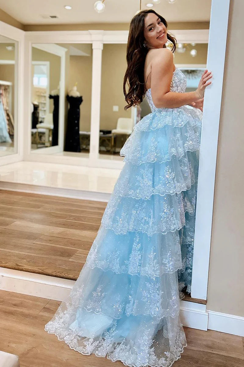 Strapless Floral Lace Applique A-Line Tiered Ruffled Tulle Floor Length Prom Evening Gown