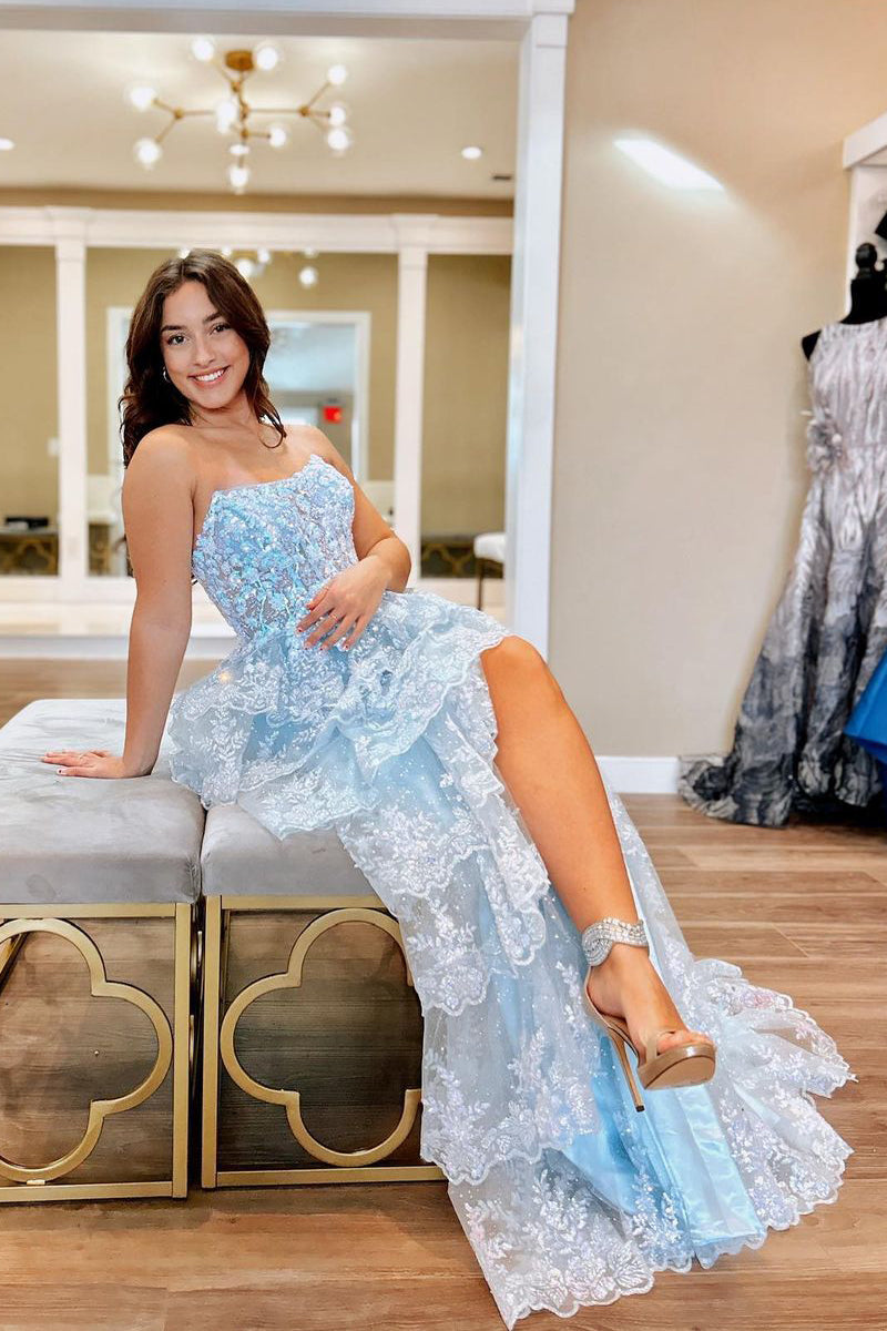 Strapless Floral Lace Applique A-Line Tiered Ruffled Tulle Floor Length Prom Evening Gown